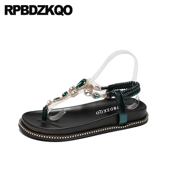 

rhinestone high quality women sandals flat casual genuine leather black jewel slip on shoes green diamond famous brand t strap