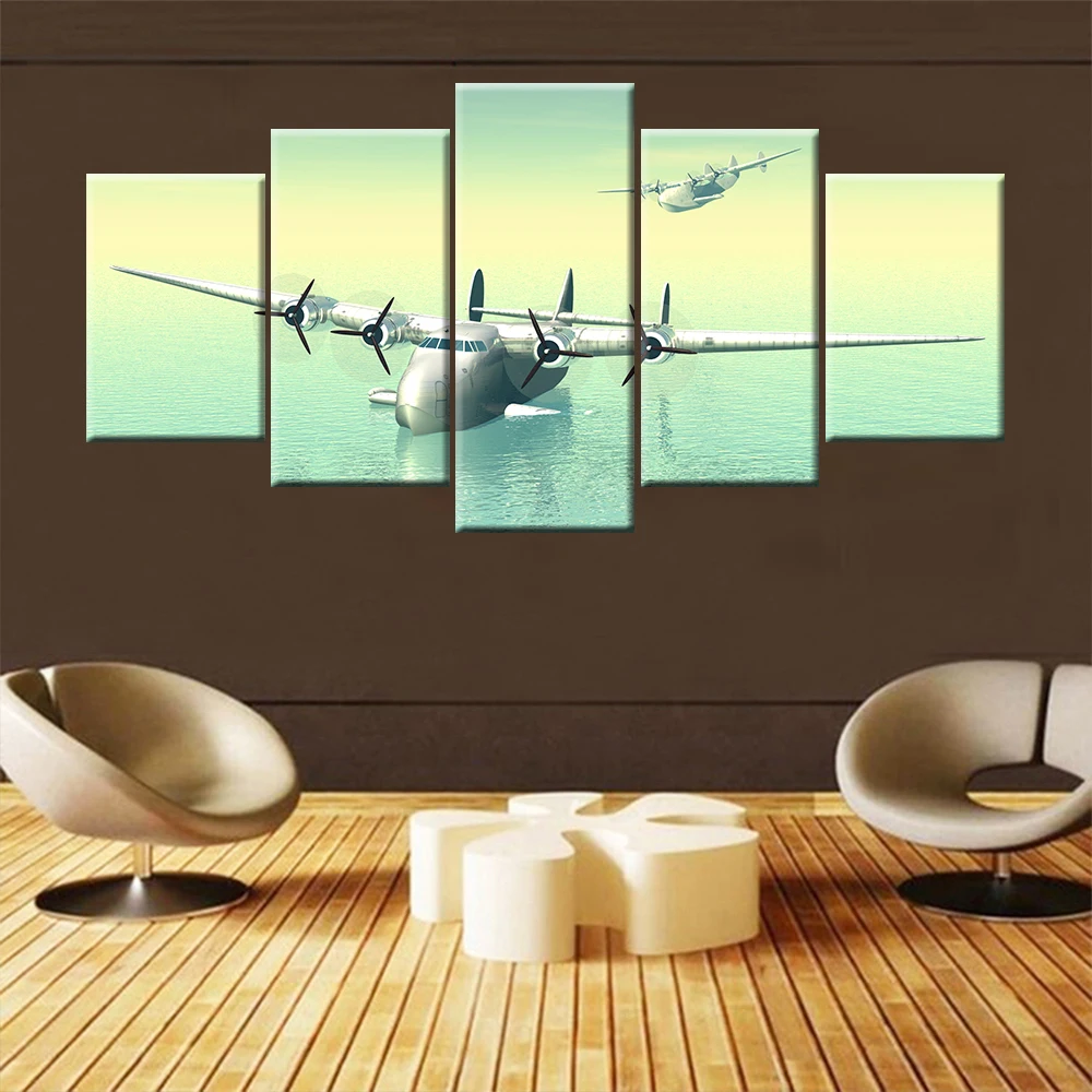 

Canvas Wall Art Pictures Modular 5 Piece Airplane In Blue Sky Painting Modular HD Print Aircraft Poster Living Room