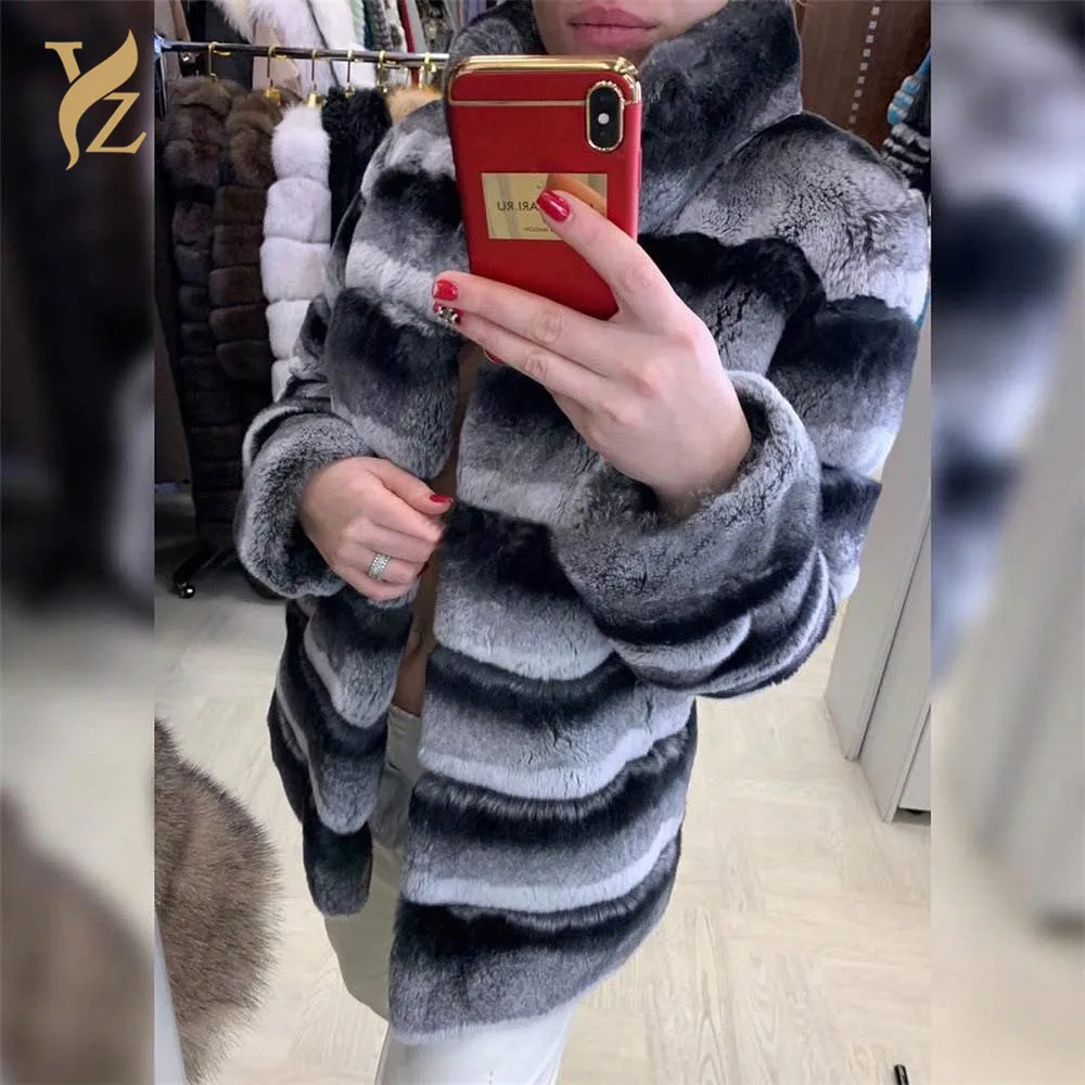 Новинка, Женское пальто из натурального меха, Шиншилла, цвет, мех кролика Рекс, пальто с капюшоном и воротником-стойкой, теплое модное женское пальто из натурального меха