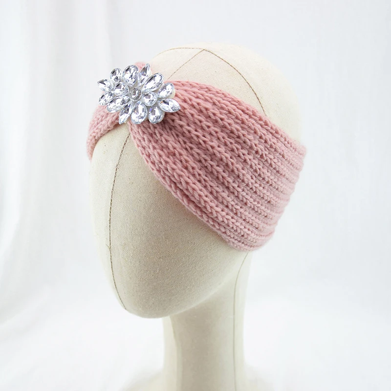 Winter Wide Knitted Headband Women New Clear Crystal Flower Twist Crochet Hair Band Head Wrap Rhinestone Ear Warmer Accessories headbands for women
