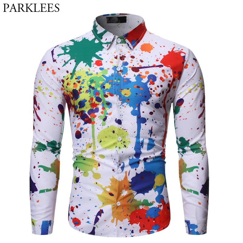 

Mens 3D Colorful Splatter Print Shirt Brand Desing Slim Fit Long Sleeve Mens Dress Shirts Fashion Splash Ink Shirt for Male 2XL