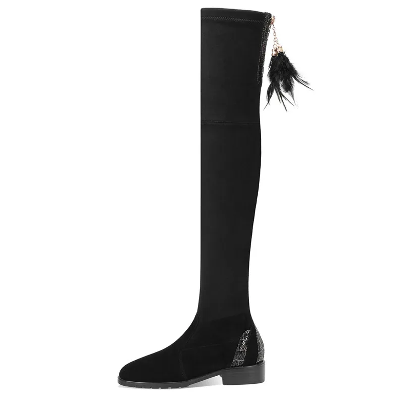 black not fur ASUMER/размеры 34-40, новые сапоги выше колена осенне-зимние сапоги без шнуровки на низком каблуке замшевые сапоги женские облегающие высокие сапоги - Цвет: black not fur