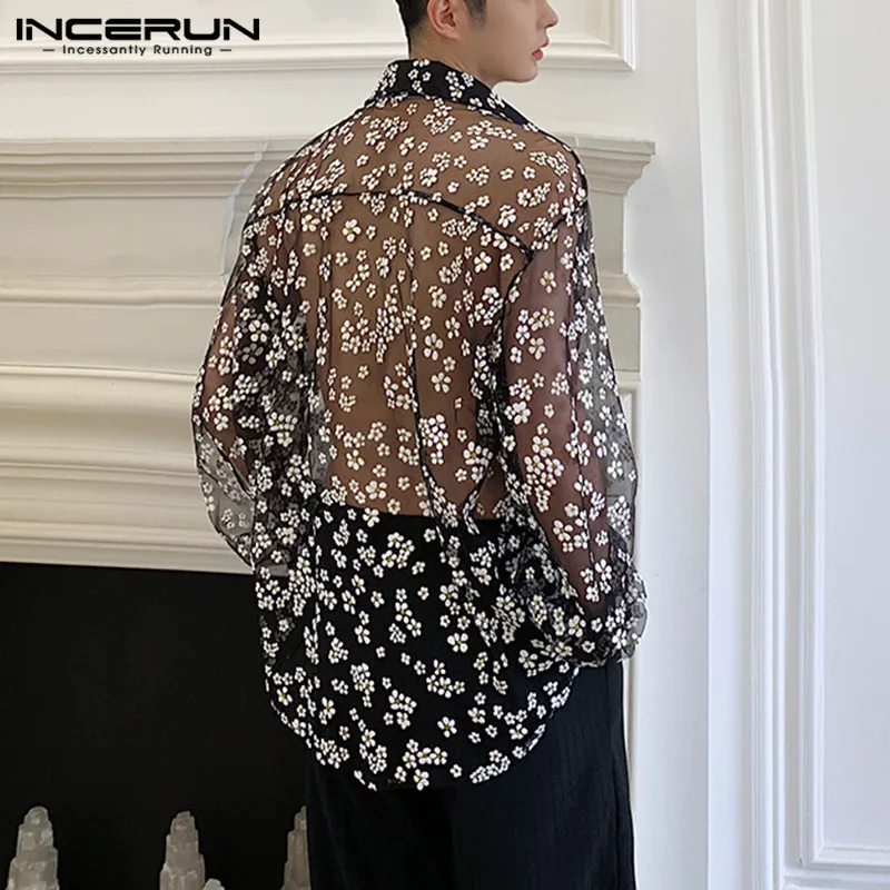 Men long sleeve casual shirt Fashion mesh printed lapel loose streetwear blouse Party Clubwear S-5XL