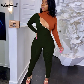 

Women Hit Color Mock Neck Jumpsuit Full Sleeve High Waist Elastic Cut Out Women Pencil Jumpsuits
