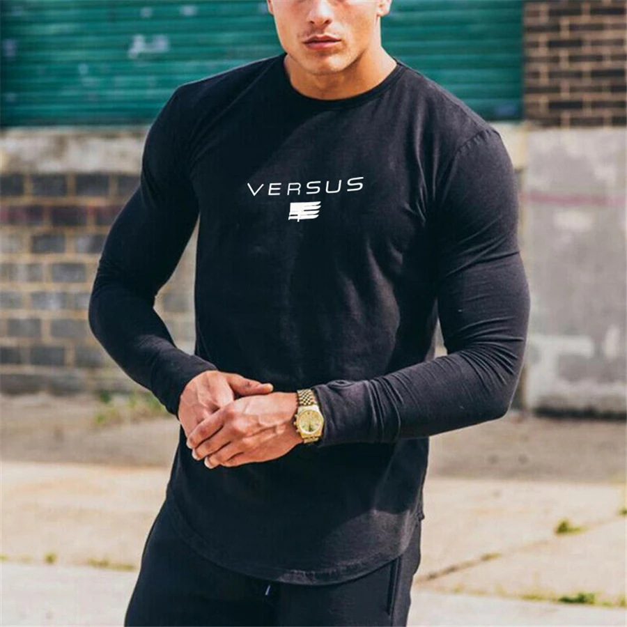 Gyms Tight Cotton Long sleeve T-shirt Mens Fashion printing T-shirt Homme Gyms T Shirt Men Fitness Summer Tees Tops