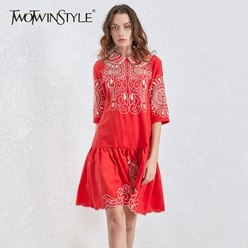 

TWOTWINSTYLE Embroidery Hit Color Dress Women Lapel Collar Half Sleeve High Waist Ruched Irregular Hem Dresses Female Clothing