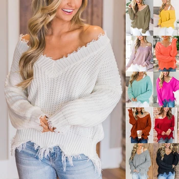

2020 European And American-Style Knitted Sweater Hot Selling V-neck -Shoulder Loose-Fit Pullover Sweater Irregular Women Top