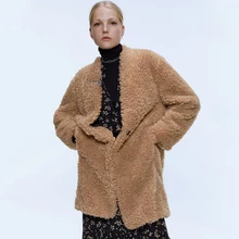 ZA женское корейское плюшевое Пальто осеннее и зимнее женское пальто на пуговицах повседневное толстое теплое пальто с длинными рукавами длинное шерстяное пальто