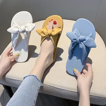 

Shoes Woman 2020 Low Women's Beach Slippers Butterfly-knot Luxury Slides Pantofle Sabot Flat Designer Soft New Basic Casual PU