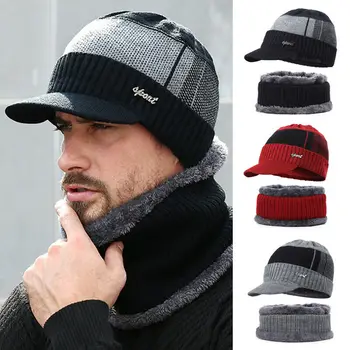 

Men Warm fleece visor + Soft Scarf Two-Piece Set Winter Thicken Hat Male Windproof Knitting Caps Neck Warmer