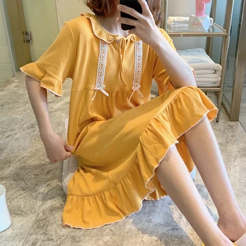 

Nightdress women's summer short-sleeved loose net red explosion models home service yellow elegant pijamas white sexy nightwear