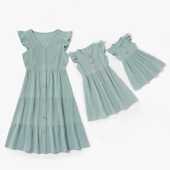 

Ruffled Sleeve Mother Daughter Dresses Mommy and Me Clothes Family Matching Outfits Look Women Girls Toddlers Mom Mum Baby Dress