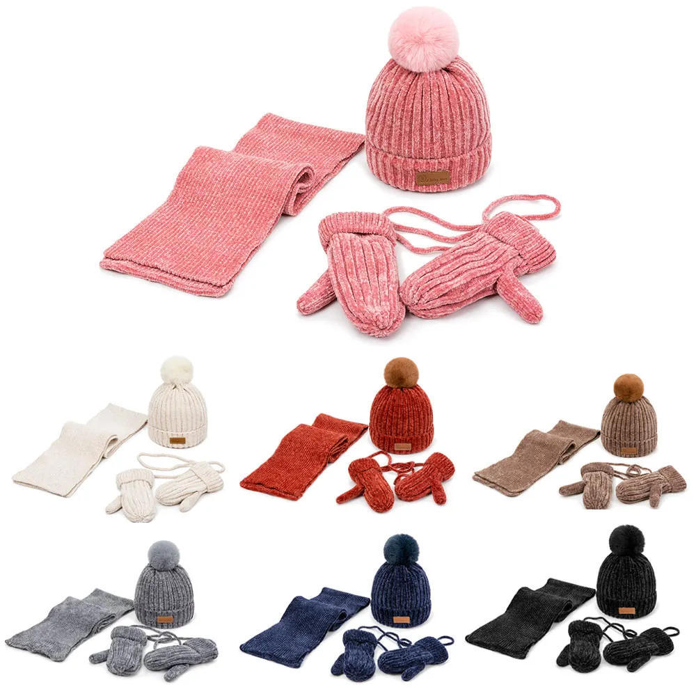 Зимняя шапка, шарф, перчатки, набор для девочек и мальчиков, вязаные толстые детские бархатные мягкие теплые шапочки с помпоном, шапка, шарфы, варежки, 3 шт