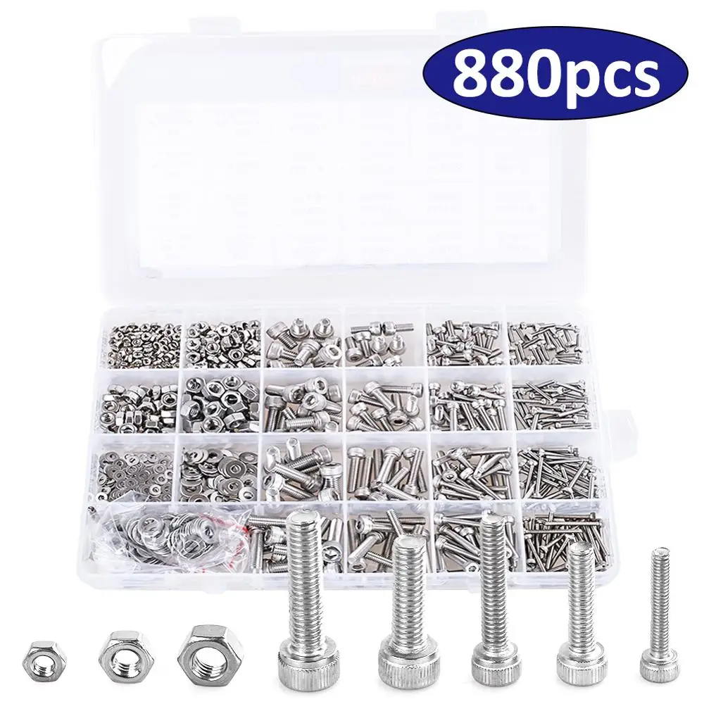 

880Pcs M2 M3 M4 M5 Hex Screws Hexagon Socket Screw Set Stainless Steel Flat Round Cap Head Screw Kit Bolts Nuts Allen bolts set