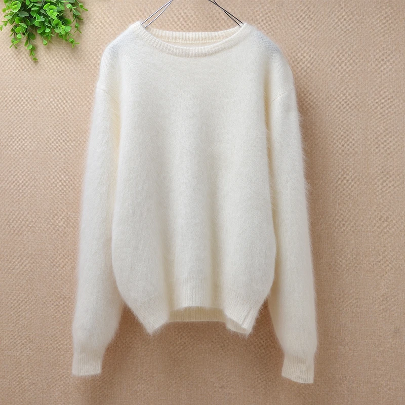 Ladies basic clothes winter round neck long sleeve cashmere mink white classic boomtting sweater angora rabbit fur pullover | Женская