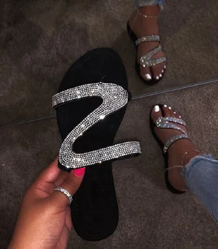 

2019 Fashion Sexy Summer Women Sandals Sliver Crystal Shiny Slip-On Cut Out Ladies Flat Sandals Outdoor Holiday Slides BK010