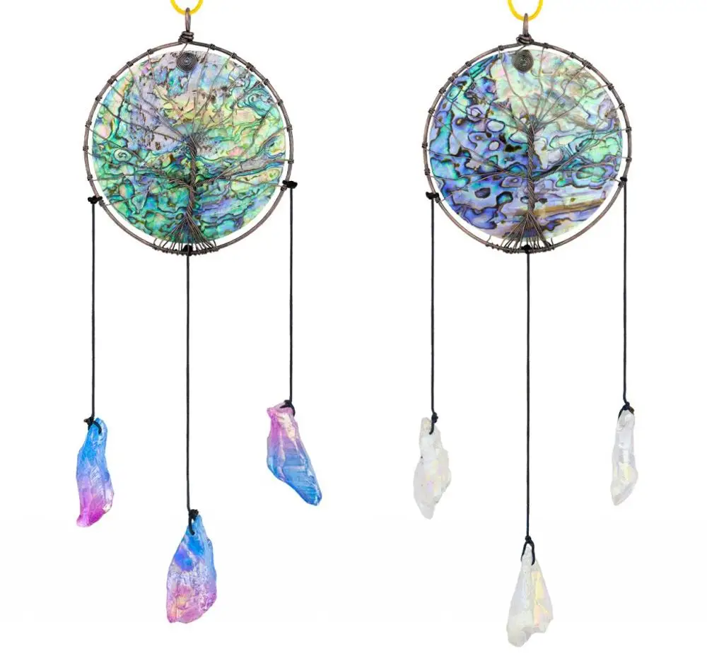 

TUMBEELLUWA Abalone Shell Tree of Life Hanging Ornament with Titanium Coated Crystals Points Pendant for Window Home Decor
