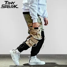 Брюки-карго в стиле хип-хоп; уличная одежда; мужские мешковатые шаровары; лоскутные брюки с несколькими карманами; повседневные брюки с лентами; Харадзюку;