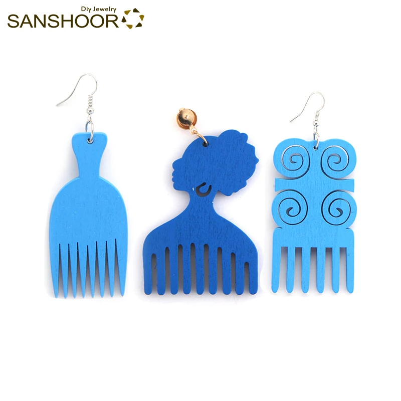 Blue Mixed SANSHOOR, рисунок афро, гребень, дерево, висячие серьги, африканское племя, этнические хип-хоп богемные ювелирные изделия для женщин, подарки, 6 пар - Окраска металла: Blue Mixed