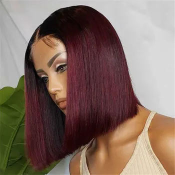 

Ombre Red Human Hair Wig with Baby Hair Straight Short Bob Wig Lace Front Wigs Bleached Knots Glueless
