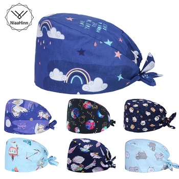 

Blue Cartoon Printing Medical Surgical Scrub Caps Breathable cotton adjustable pharmacy Dentist Pet Doctor men and women hats