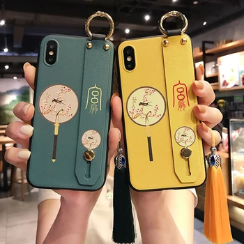

Retro style 3D Emboss Phone Case for iPhone X XS XR 11 Pro Max Soft Back Cover for iPhone 6 7 8Plus Wrist Strap Tassel Capa