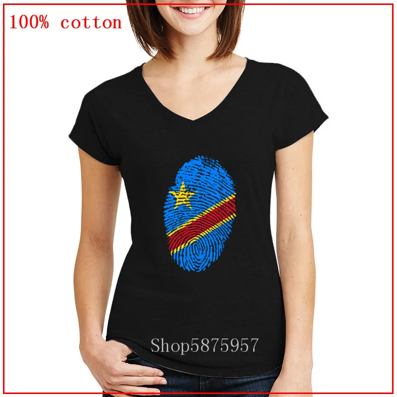 New Europe and Ameran Fashion Tshirt Youth Congo Flag Fingerprint Short Sleeve T Shirts V Neck Cotton Women for Lady Tops | Женская