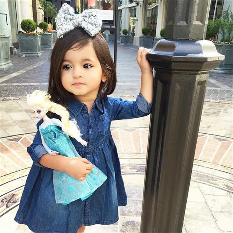 

CANIS casual new fashion Toddler Baby Girls Kids Party Tutu mini Dresses Denim Jeans Dress cotton blended Clothes long sleeve
