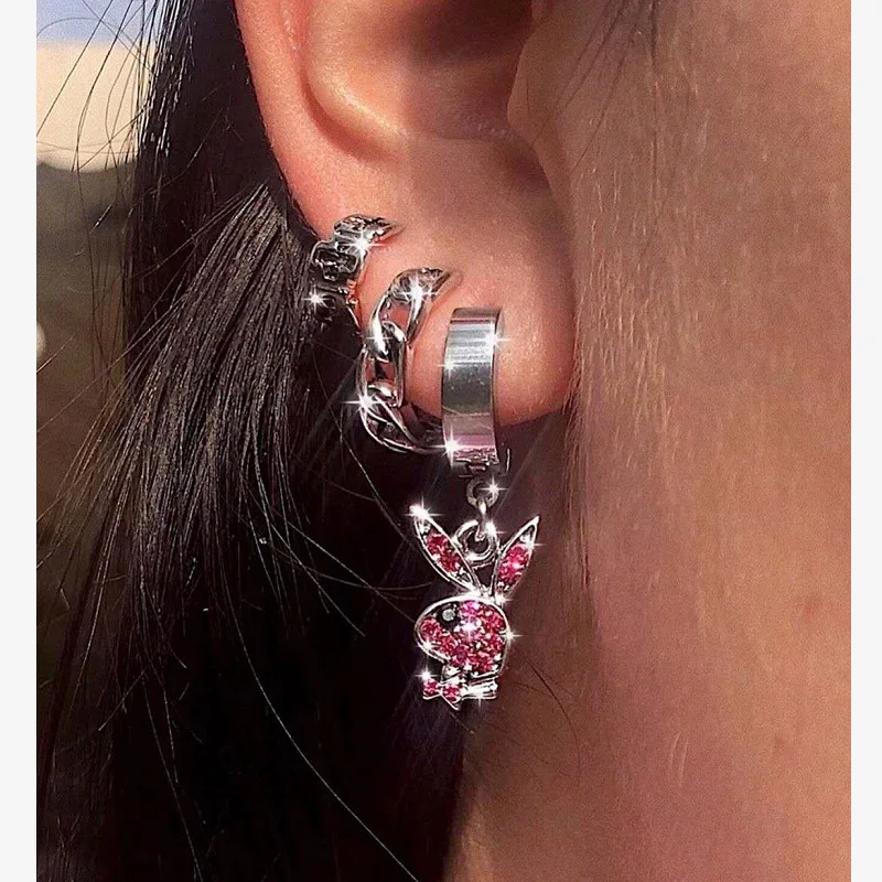 

New Ins Hip-hop Rabbit Earrings Full Rhinestone Rabbit Dangle Earring Stainless Steel Ear Buckle for Women Men Fashion Jewelry
