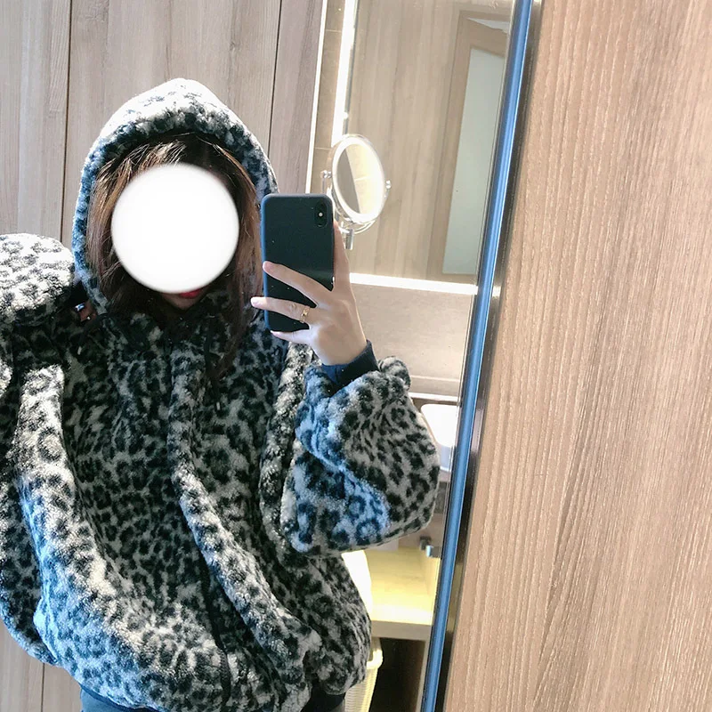 Зимнее пальто из овечьей шерсти с леопардовым принтом; женский кардиган на молнии с капюшоном; модная Свободная куртка с длинными рукавами