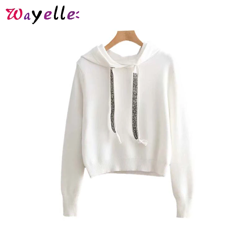 Women Hooded Knitted Sweater Faux Diamonds Beading Women Sweater Stretchy Solid Pullovers Female Casual Chic Knit Sweater Women