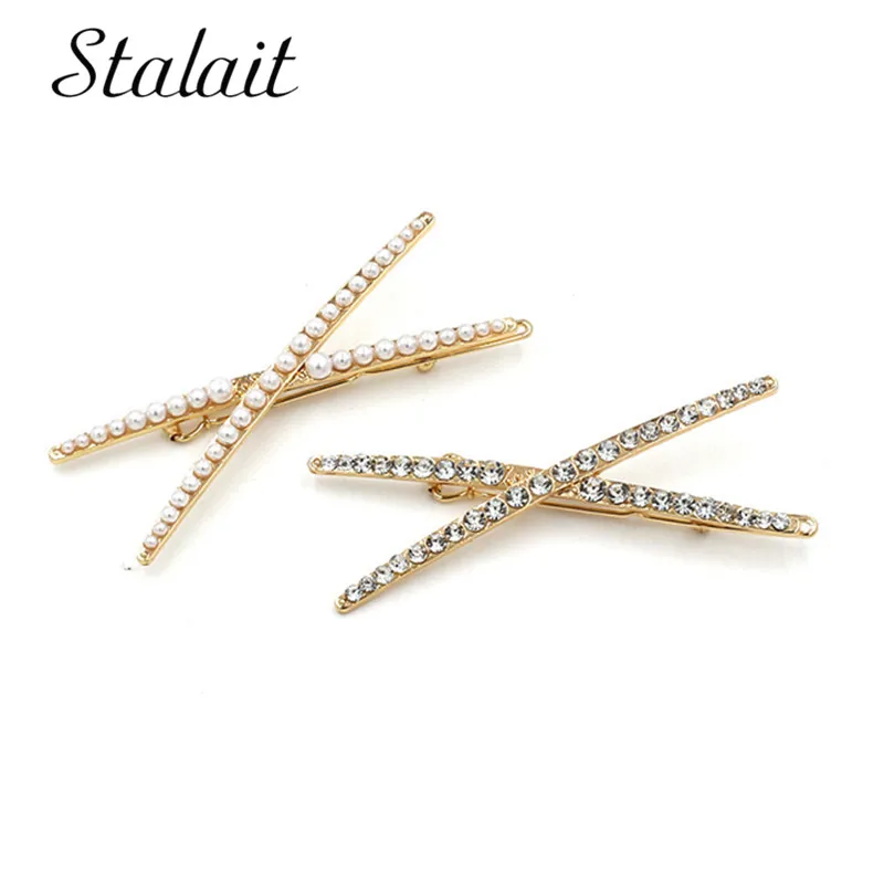 Модные х-образные жемчужные хрустальные милые заколки для волос корейский стиль головной убор золотой цвет сплав для девочек аксессуары для волос