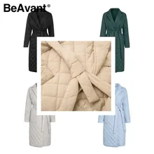 BeAvant Long straight coat with rhombus pattern Casual sashes women winter parka Deep pockets tailored collar stylish outerwear
