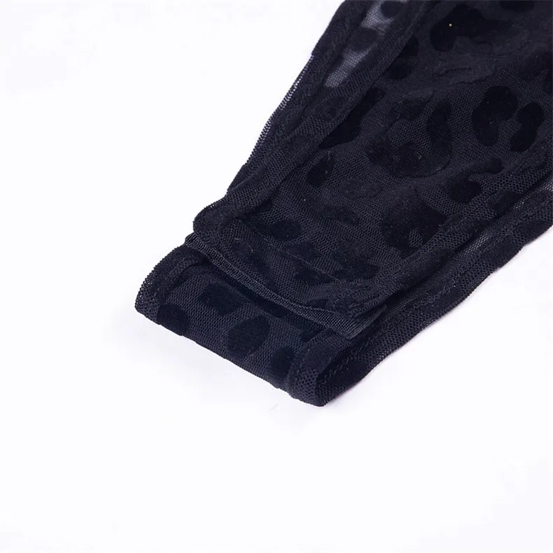 Сексуальное прозрачное леопардовое боди, женские топы, Осенние облегающие водолазки с длинным рукавом, прозрачный черный сетчатый кружевной комбинезон