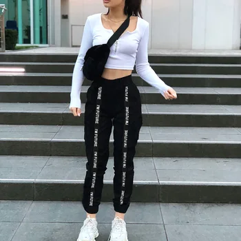 

Focal20 Streetwear Patchwork Letter Ribbon Women Pants Harajuku High Waist Trousers Lady Loose Casual Joggers