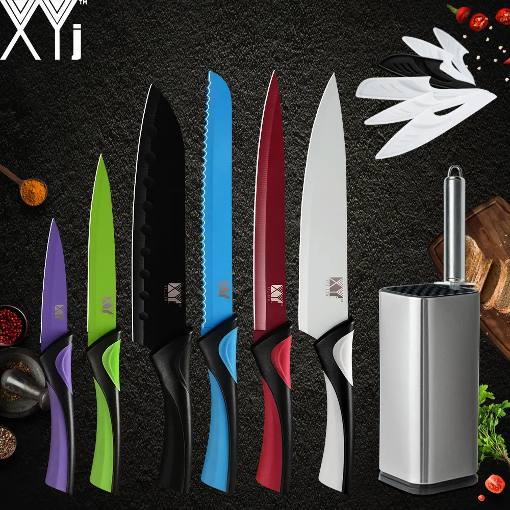 

XYj 8pcs Stainless Steel Colorful Knife Set Sharpener Bar 8'' Knife Holder Chef Santoku Bread Slicing Utility Paring Knife