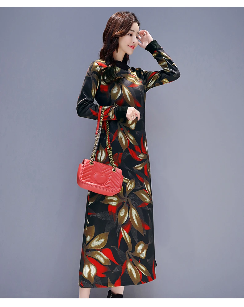 P Ammy Winter Plus Velvet thickening Floral print Retro Mid-Long Dress women Fleece Lining Slim Dress plus size
