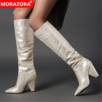 

MORAZORA 2020 New arrival women boots ladies shoes thick high heels pointed toe solid color winter knee high boots