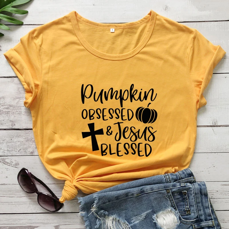 

Pumpkin Obsessed & Jesus Blessed T-shirt Cute Thanksgiving Fall Tee Shirt Top Women Religious Christian Tshirt