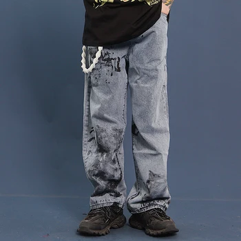 

EWQ / men's wear Streetwear korean style splash-ink painted jeans fashionable loose vintage stright denim trousers 9Y2813
