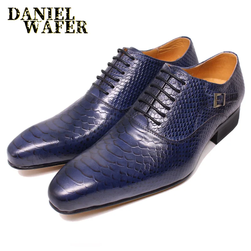 Роскошные мужские кожаные туфли со змеиным принтом; мужские деловые модельные туфли в классическом стиле; цвет бордовый, синий; мужские оксфорды с острым носком на шнуровке