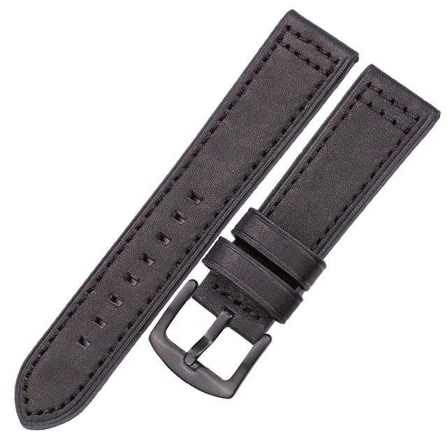 HENGRC Genuine Leather Watchbands Bracelet Black Blue Gray Brown Cowhide Watch Strap For Women Men 18 20mm 22mm 24mm Wrist Band Black black buckle