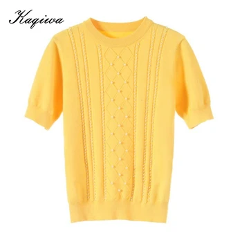 

Spring summer 2020 new short sleeve slim short net red and yellow knitwear top women's Pullover small style women's wear B-191