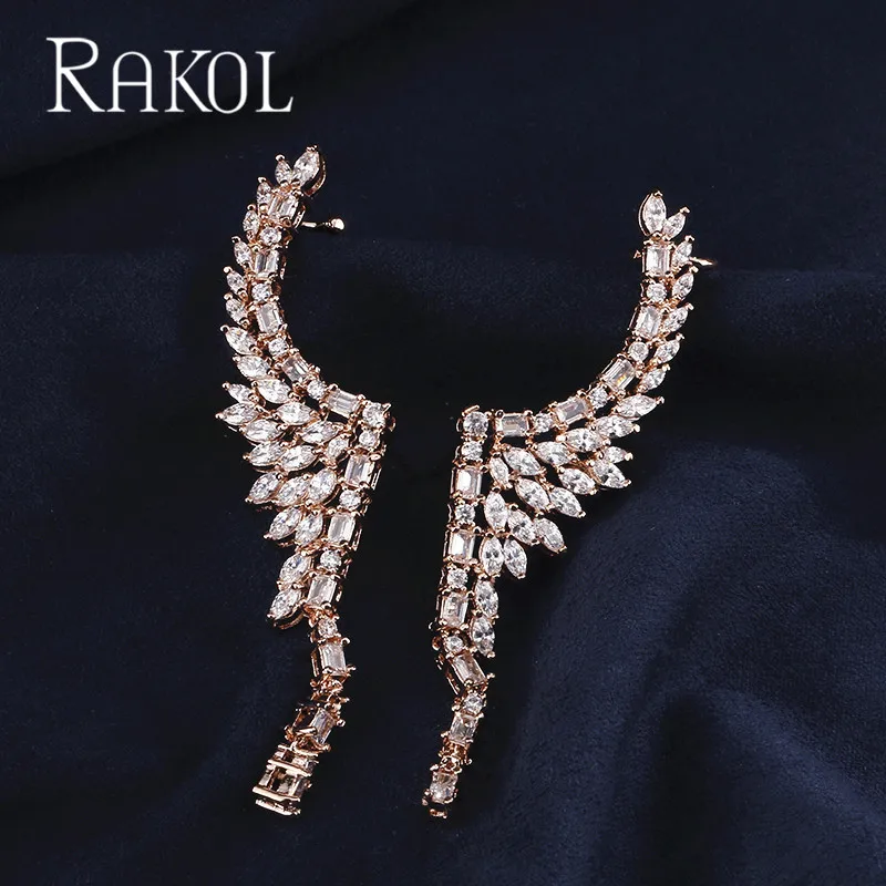 Роскошные длинные висячие серьги RAKOL с кубическим цирконием для женщин, серьги-манжеты из белого золота с кристаллами, вечерние ювелирные изделия