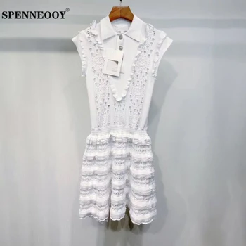 

SPENNEOOY Designer Runway Summer Women White Sleeveless Hollow Out Mini Dress Ladies Cascading Ruffle Sweet Knitting Dresses