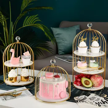 

Creative birdcage food display shelf ceramic three-layer dessert table tray cake rack food trays decorative home goods tableware