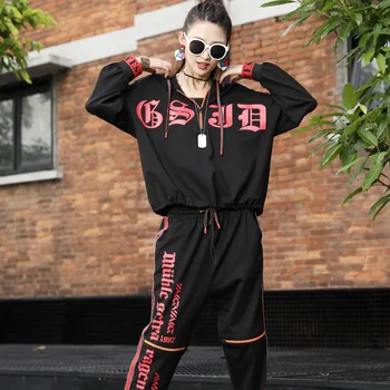 

Casual fashion suit women 2020 autumn new Korean letter printing loose large size hooded sweater trousers two-piece suit