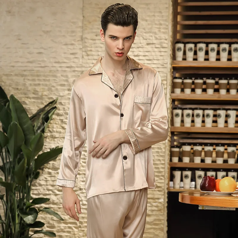 

Silk Pajamas Men's Summer Long-Sleeved Pajamas Leisure SetTwo Piece Suit pajama sets mansleepwear pijama set men silk pajamas