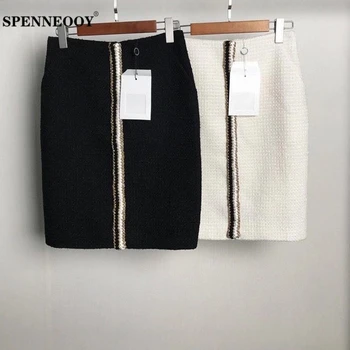 

SPENNEOOY Designer Custom Runway Autumn Women Black/White Coarse Weave Skirt Ladies Pockets Button Fashion Casual Mini Skirts