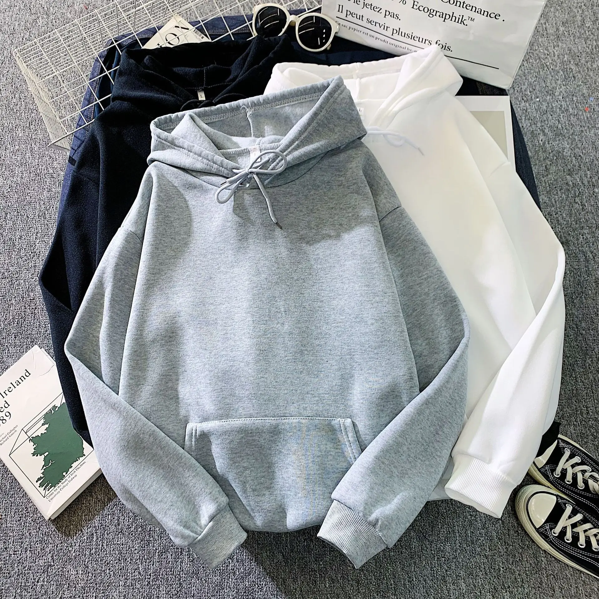 

Spring Autumn Casual Solid Hoodies Sweatshirt Women Fleece-Lined Thickened Hooded Pullover Fashion Long Sleeve O-Neck Sports Top